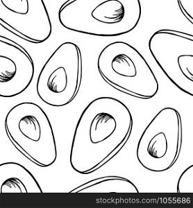 Hand drawn cover design with avocado. Exotic wallpaper. Decorative print. Modern tropical drawing. Organic texture. Vector line design.. Avocado line seamless pattern