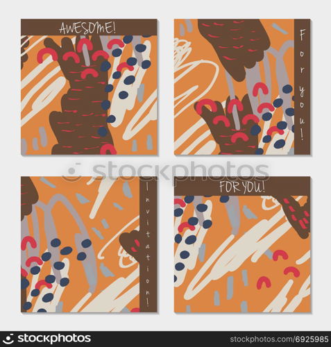 Hand drawn creative invitation greeting cards. Invitation party card template. Set of 4 isolated on layer. Abstract creative universal doodles. Roughly brushed floral motifs. Vector illustration.