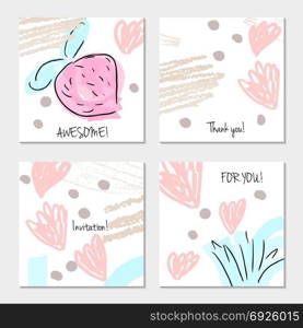 Hand drawn creative invitation greeting cards. Invitation party card template. Set of 4 isolated on layer. Abstract creative universal doodles. Roughly brushed floral motifs. Vector illustration.