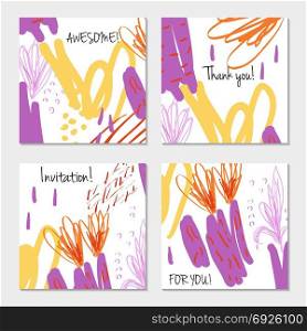 Hand drawn creative invitation greeting cards. Invitation party card template. Set of 4 isolated on layer. Abstract creative universal doodles. Roughly brushed floral motifs. Vector illustration.
