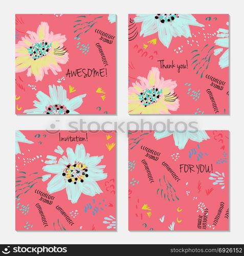 Hand drawn creative invitation greeting cards. Invitation party card template. Set of 4 isolated on layer. Abstract creative universal doodles. Roughly brushed floral motifs. Vector illustration.