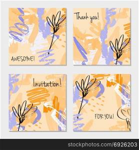 Hand drawn creative invitation greeting cards. Invitation party card template. Set of 4 isolated on layer. Abstract creative universal doodles. Roughly brushed floral motifs. Vector illustration.