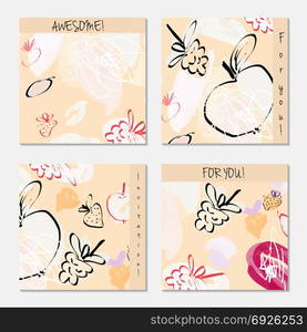 Hand drawn creative invitation greeting cards. Invitation party card template. Set of 4 isolated on layer. Abstract creative universal doodles. Roughly brushed floral motifs. Vector illustration.