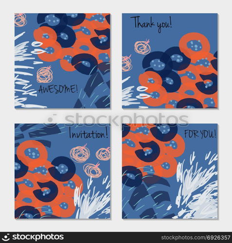 Hand drawn creative invitation greeting cards. Invitation party card template. Set of 4 isolated on layer. Abstract creative universal doodles. Roughly brushed floral motifs. Vector illustration.