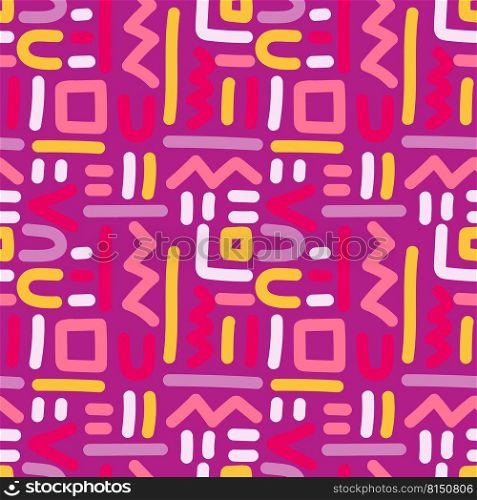 Hand drawn creative shapes seamless pattern on pink background. Diffirent lines ornament. Modern ethnic motif. Design for fabric, textile print, wrapping, cover. Vector illustration. Hand drawn creative shapes seamless pattern on pink background. Diffirent lines ornament.