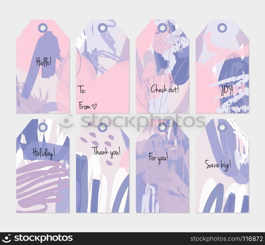 Hand drawn creative tags. Universal shopping, sales, advertising, price tags and product label templates isolated. Abstract artistic doodles. Roughly drawn bright trendy textures. Vector isolated