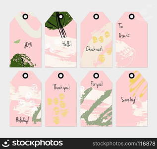 Hand drawn creative tags. Universal shopping, sales, advertising, price tags and product label templates isolated. Abstract artistic doodles. Roughly drawn bright trendy textures. Vector isolated