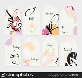 Hand drawn creative tags. Universal shopping, sales, advertising, price tags and product label templates isolated. Abstract artistic doodles. Roughly drawn bright trendy textures. Vector isolated