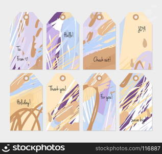 Hand drawn creative tags. Universal shopping, sales, advertising, price tags and product label templates isolated. Abstract artistic doodles. Roughly drawn bright trendy textures. Vector isolated