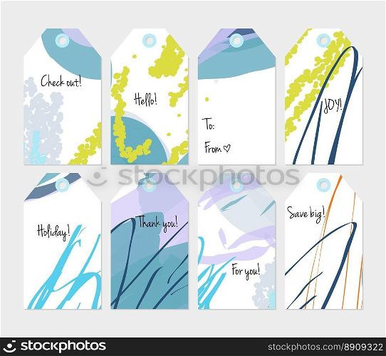 Hand drawn creative tags. Universal shopping, sales, advertising, price tags and product label templates isolated. Abstract artistic doodles. Roughly drawn bright trendy textures. Vector isolated
