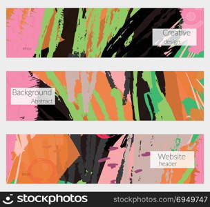 Hand drawn creative universal banner set. Abstract scribbles doodles bright colors. Website header social media advertisement sale brochure templates. Isolated vector banner templates.