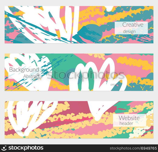 Hand drawn creative universal banner set. Abstract scribbles doodles bright colors. Website header social media advertisement sale brochure templates. Isolated vector banner templates.