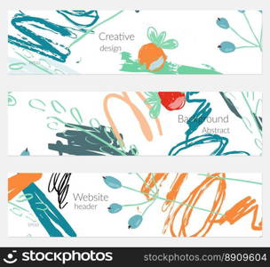 Hand drawn creative universal banner set. Abstract scribbles doodles bright colors. Website header social media advertisement sale brochure templates. Isolated vector banner templates.