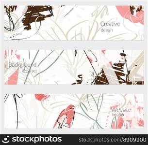 Hand drawn creative universal banner set. Abstract scribbles doodles bright colors. Website header social media advertisement sale brochure templates. Isolated vector banner templates.