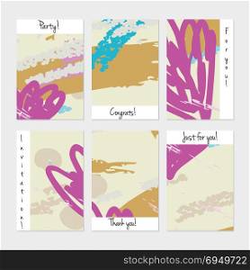 Hand drawn creative universal invitation greeting cards template. Abstract scribbles doodles bright colors.Birthday, wedding, party, social media banners templates. Isolated vector card templates.