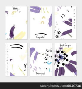 Hand drawn creative universal invitation greeting cards template. Abstract scribbles doodles bright colors.Birthday, wedding, party, social media banners templates. Isolated vector card templates.