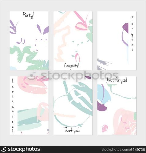 Hand drawn creative universal invitation greeting cards template. Abstract scribbles doodles bright colors.Birthday, wedding, party, social media banners templates. Isolated vector card templates.