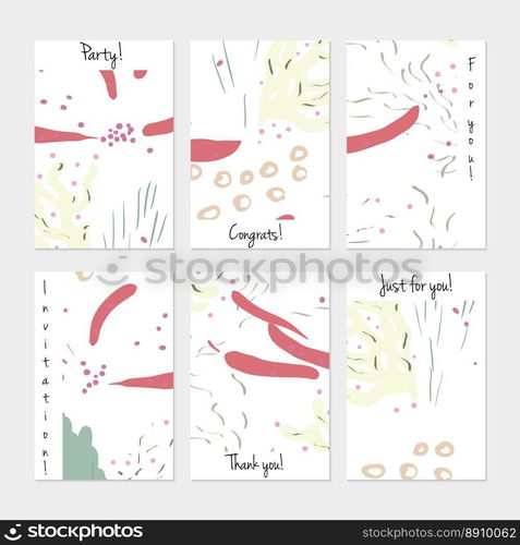 Hand drawn creative universal invitation greeting cards template. Abstract scribbles doodles bright colors.Birthday, wedding, party, social media banners templates. Isolated vector card templates.