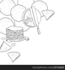 Hand drawn crepes, thin pancakes. Vector background. Sketch illustration.