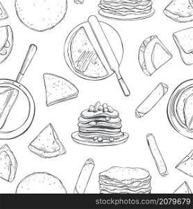 Hand drawn crepes, thin pancakes. Vector seamless pattern. Crepes, thin pancakes. Vector pattern