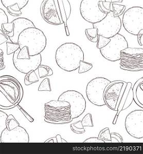 Hand drawn crepes, thin pancakes. Vector seamless pattern . Crepes, thin pancakes. Vector pattern
