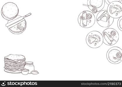 Hand drawn crepes, thin pancakes with chocolate. Vector background.. Thin pancakes with chocolate. Vector background.