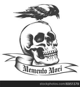 Hand drawn Crow sitting on human skull and ribbon with Latin wording Memento Mori what means remember what you have to die isolated on white. Vector illustration.