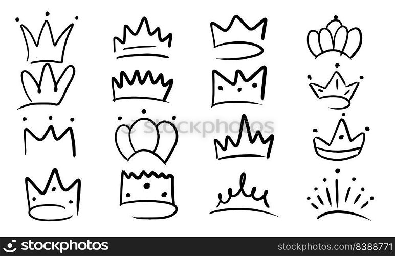 Hand drawn crown and doodle line icon king , queen or princess. Sketch outline tiara art and royal vector illustration concept. Retro set prince decal black and medieval head decoration isolated ink