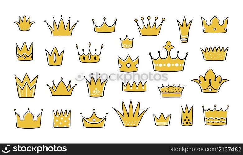 Hand drawn crown. Doodle king and queen line symbol. Royal graphic elements. Isolated yellow emperor headwear sketch. Prince and princess gold tiara. Vector monarch coronation jewelry headdresses set. Hand drawn crown. Doodle king and queen symbol. Royal graphic elements. Yellow emperor headwear sketch. Prince and princess gold tiara. Vector monarch coronation jewelry headdresses set