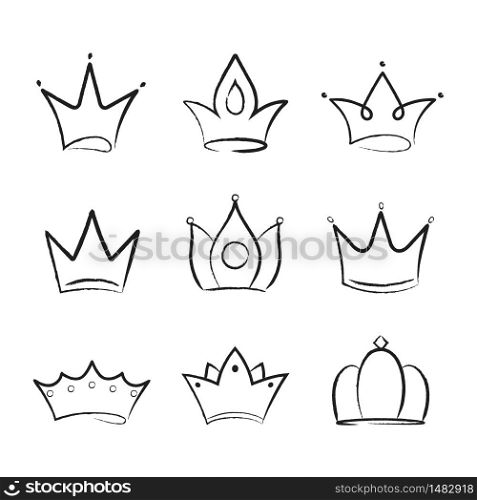 Hand drawn crown. Doodle, sketch king crowns in line style. Simple diadems of queen in graffiti or grunge style. Royal emblem. Heraldic decoration symbol. Luxury concept. Calligraphy design vector. Hand drawn crown. Doodle, sketch king crowns in line style. Simple diadems of queen in graffiti or grunge style. Royal emblem. Heraldic decoration symbol. Luxury concept. Calligraphy design vector.