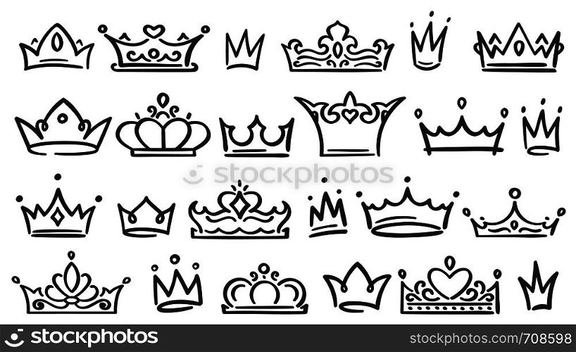 Hand drawn crown. Luxury crowns sketch, queen or king coronation doodle and majestic princess tiara. Monarchs queen diadem, ink tiara royalty logo. Isolated vector illustration symbols set. Hand drawn crown. Luxury crowns sketch, queen or king coronation doodle and majestic princess tiara isolated vector illustration set