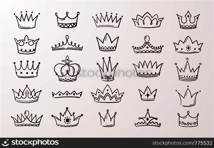 Hand drawn crown set. Sketch queen or king beauty doodle crowns. Vector image vintage ink Jewel tiara isolated icons. Hand drawn crown set. Sketch queen or king beauty doodle crowns. Vector vintage ink Jewel tiara isolated icons