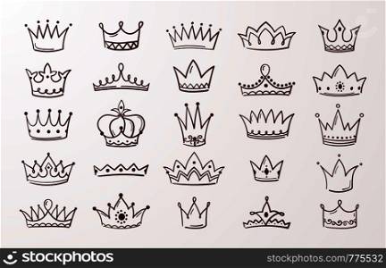 Hand drawn crown set. Sketch queen or king beauty doodle crowns. Vector image vintage ink Jewel tiara isolated icons. Hand drawn crown set. Sketch queen or king beauty doodle crowns. Vector vintage ink Jewel tiara isolated icons