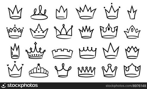 Hand drawn crown. Simple sketch royal king and queen crowns, hand drawn elegant majestic tiara and monarch graffiti vector icons set. Male and female royal accessory with gems, jewelry. Hand drawn crown. Simple sketch royal king and queen crowns, hand drawn elegant majestic tiara and monarch graffiti vector icons set