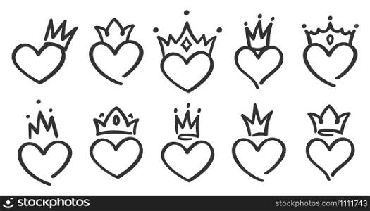 Hand drawn crowned hearts. Doodle princess, king and queen crown on heart, sketch love crowns. Wedding card logo, doodle hearts in crowns. Isolated vector symbols illustration set. Hand drawn crowned hearts. Doodle princess, king and queen crown on heart, sketch love crowns vector illustration set