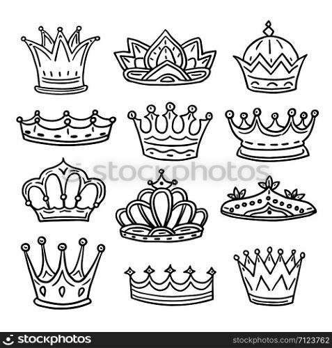 Hand drawn crowns. King, queen doodle crown and princess tiara. Vintage royal sketch isolated vector icons. Crown sketch for king and princess, queen and prince illustration. Hand drawn crowns. King, queen doodle crown and princess tiara. Vintage royal sketch isolated vector icons
