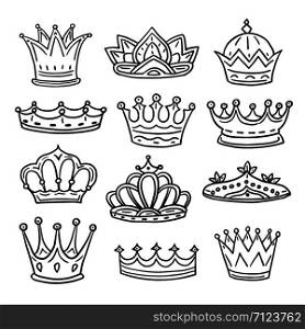 Hand drawn crowns. King, queen doodle crown and princess tiara. Vintage royal sketch isolated vector icons. Crown sketch for king and princess, queen and prince illustration. Hand drawn crowns. King, queen doodle crown and princess tiara. Vintage royal sketch isolated vector icons