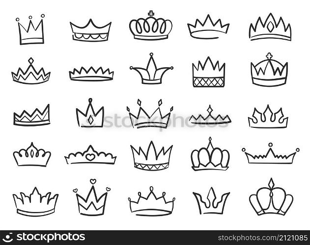 Hand drawn crowns logo, king or queen crown doodles. Princess tiara, sketch diadem with precious gems, royal symbol doodle vector set. Luxury royalty symbols collection isolated on white. Hand drawn crowns logo, king or queen crown doodles. Princess tiara, sketch diadem with precious gems, royal symbol doodle vector set