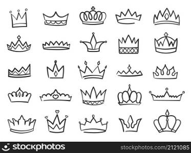 Hand drawn crowns logo, king or queen crown doodles. Princess tiara, sketch diadem with precious gems, royal symbol doodle vector set. Luxury royalty symbols collection isolated on white. Hand drawn crowns logo, king or queen crown doodles. Princess tiara, sketch diadem with precious gems, royal symbol doodle vector set