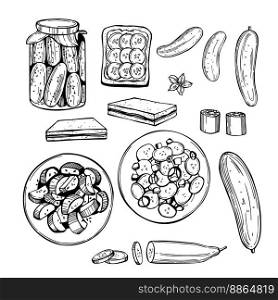 Hand-drawn cucumber dishes. Cucumber salads, toast, pickled cucumbers. Vector sketch  illustration. . Sketch cucumbers. Vector  illustration
