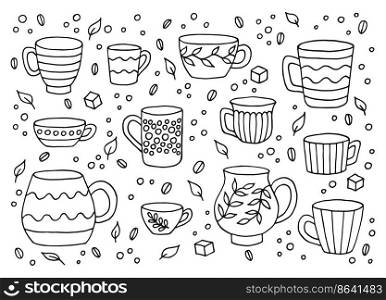 Hand drawn cup mug. Set of cups in doodle style. Vector illustration isolated on white background.
