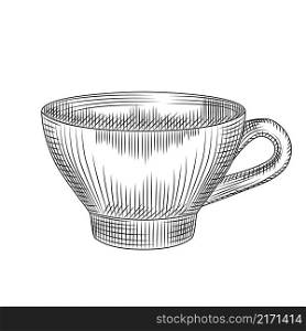 Hand drawn cup of tea isolated on white background. Engraving vintage style. Vector illustration. Hand drawn cup of tea isolated on white background. Engraving vintage style.