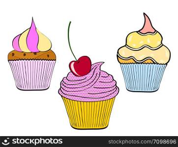 hand drawn cupcake on white background, pop art comic style vector illustration