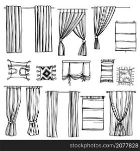 Hand drawn curtains for windows. Vector sketch illustration.. Curtains for windows. Vector illustration.