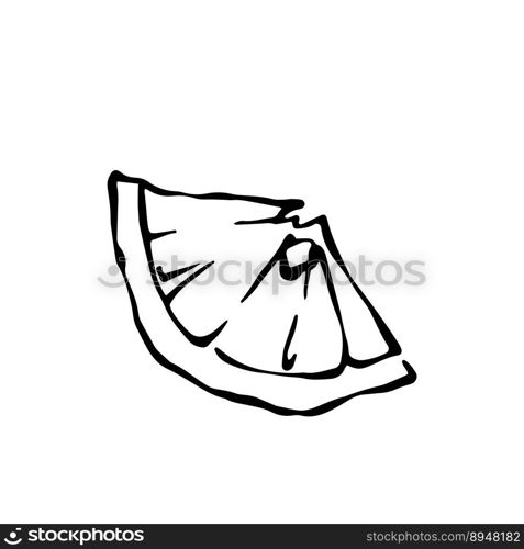 Hand drawn cut lemon slice black and white outline vector illustration. 