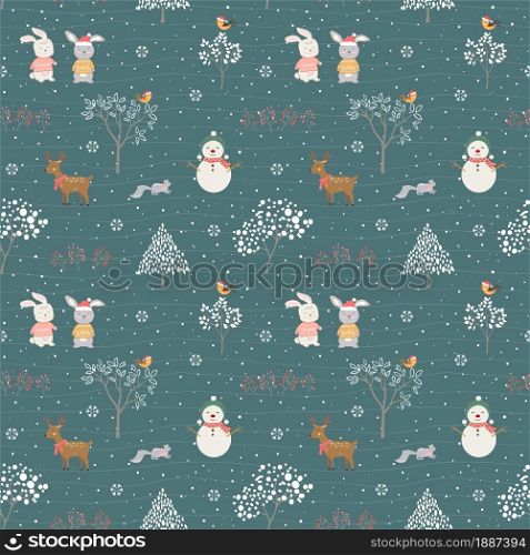 Hand drawn cute animals happy on winter seamless pattern for all print,fabric,textile,kid product or wallpaper,vector illustration
