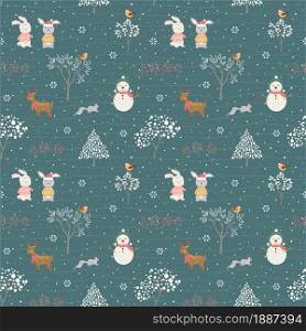 Hand drawn cute animals happy on winter seamless pattern for all print,fabric,textile,kid product or wallpaper,vector illustration