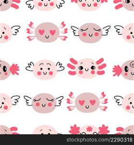 Hand drawn cute axolotls faces seamless pattern. Perfect for T-shirt, textile and print. Doodle vector illustration for decor and design.