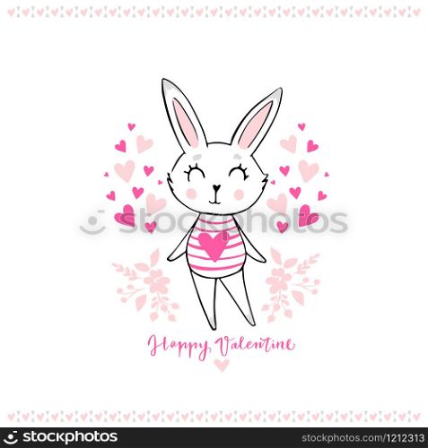 Hand drawn cute bunny girl. Happy Valentines day. Greeting card, poster, with cute hearts and rabbit. Funny doodle animal. Little hare in cartoon style.. Hand drawn cute bunny girl. Funny doodle animal.