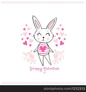 Hand drawn cute bunny girl. Happy Valentines day. Greeting card, poster, with cute hearts and rabbit. Funny doodle animal. Little hare in cartoon style.. Hand drawn cute bunny girl. Funny doodle animal.
